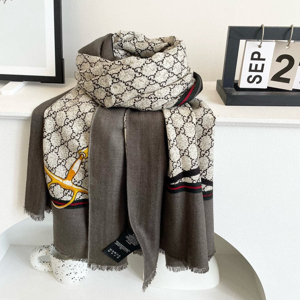 SCARF 200 CM IN KHAKI BROWN MONOGRAM WOOL 399767