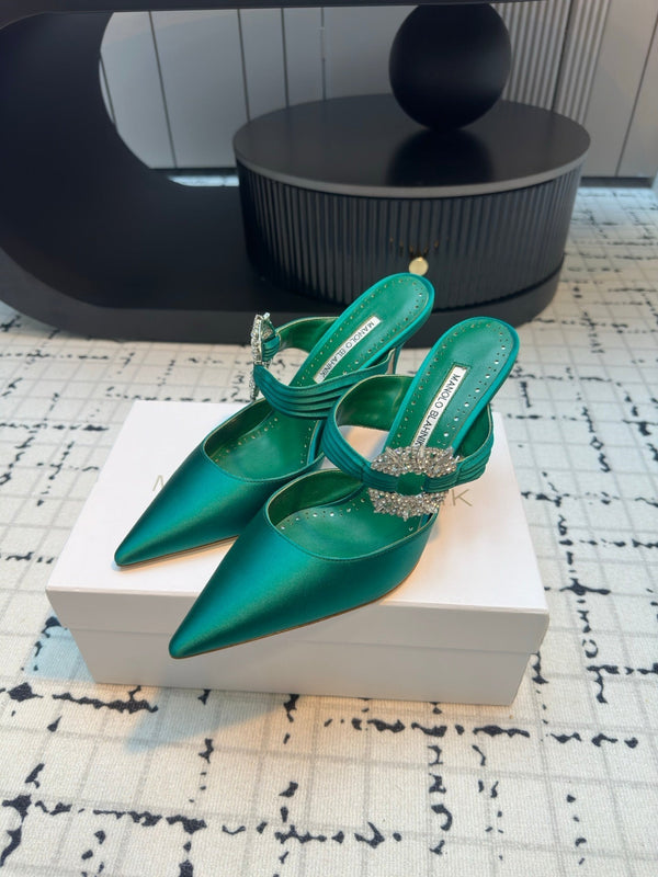Manolo Satin Maidugura Mules 90mm Green Teal Satin