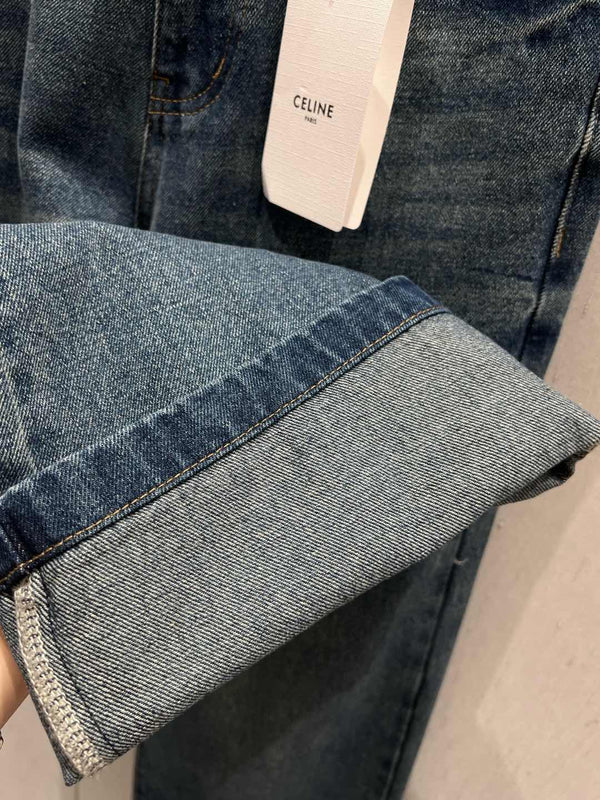 Celine Back Pocket Embroidery Cover Straight Jeans Blue Cotton 209716