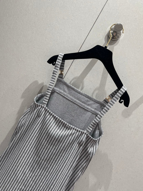 CC 25 Striped Suspender Skirt Gray White Cotton