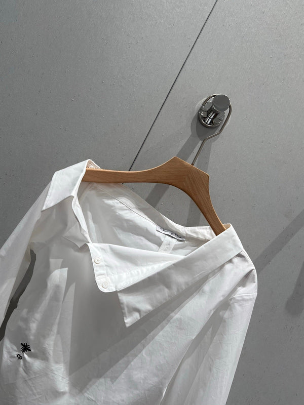 CD 25 Off-shoulder Pleated Belt Short Shirt White Cotton 217596
