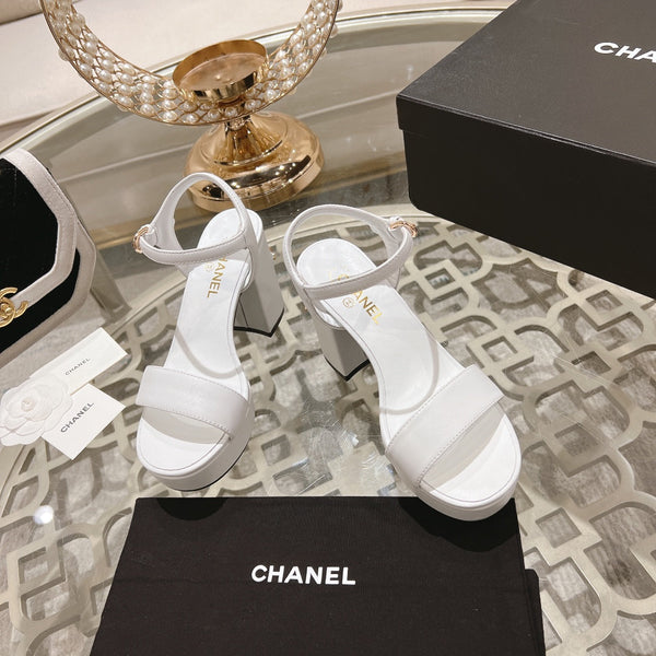 CC 25C 10CM Mid Heed Sandals White Italian Leather 213319