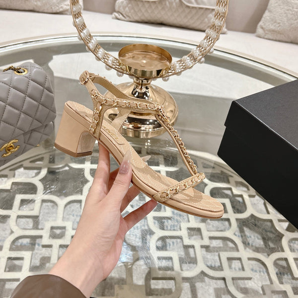 CC 26s Chain T-Strap Charm Sandals 5cm Beige Lambskin 736114