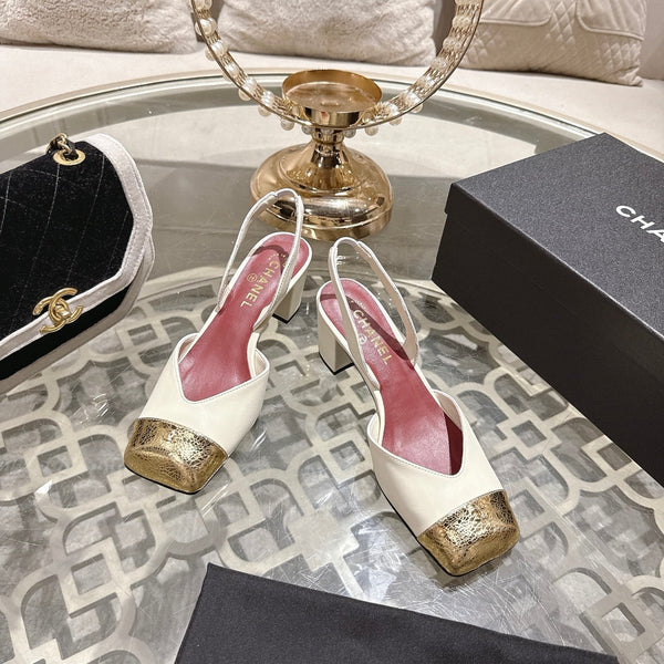 CC 26s Square-Toe High-Heeled Slingbacks 6cm Gold White Leather 736101