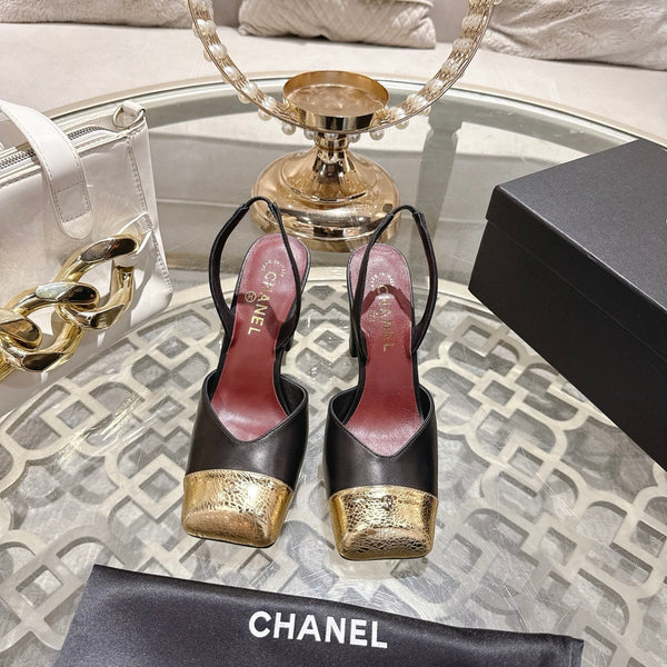 CC 26s Square-Toe High-Heeled Slingbacks 9cm Gold Black Leather 736108