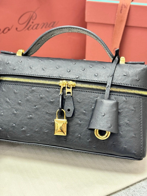 LP Extra Pouch L23 Black Ostrich Pattern Leather