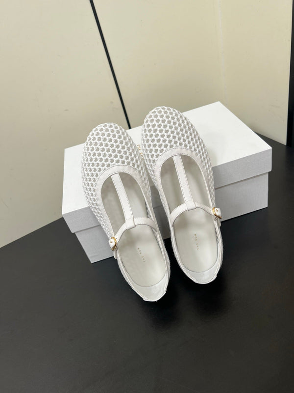 The Row 25ss Square T-Strap Flat White Mesh Cowhide 340040