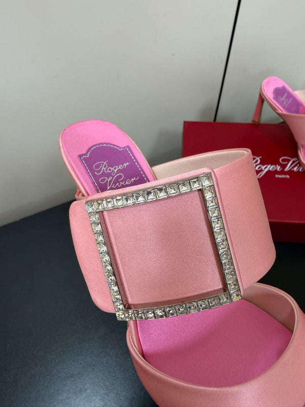 RV Trompette Sandals 8.5cm Black Pink Satin 619599