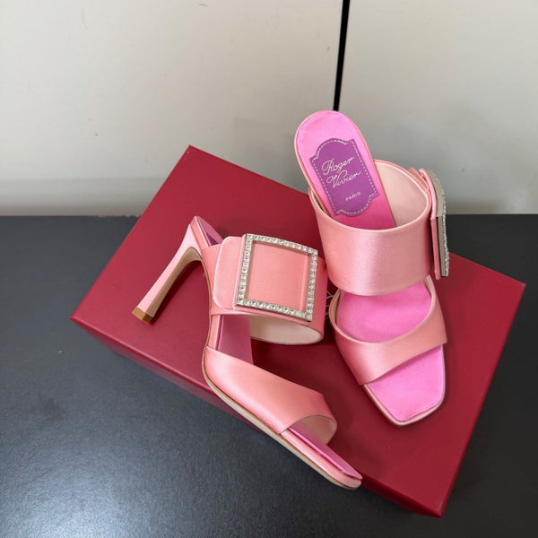 RV Trompette Sandals 8.5cm Black Pink Satin 619599