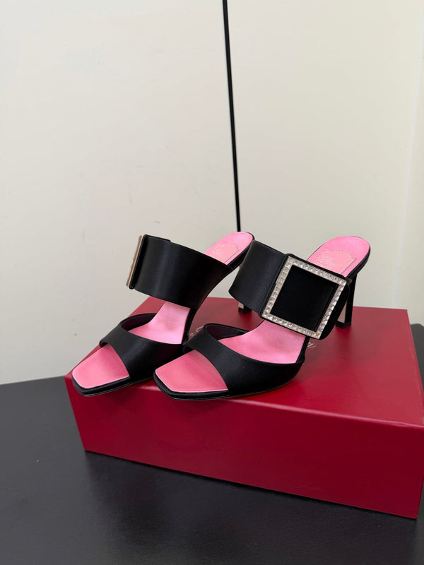 RV Trompette Sandals 8.5cm Black Pink Satin 619600