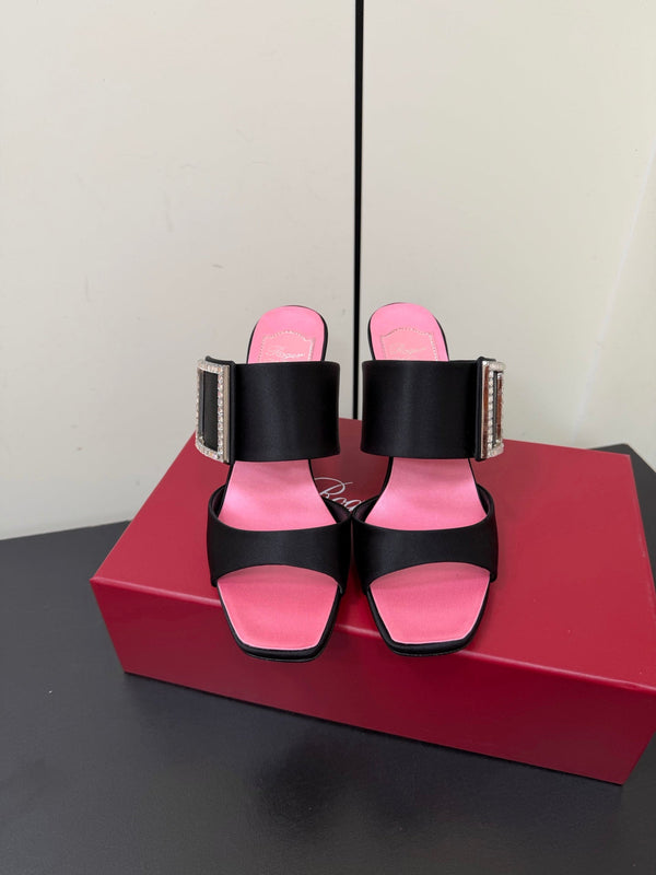 RV Trompette Sandals 8.5cm Black Pink Satin 619600