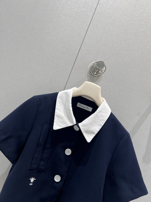 CD 25 Short-sleeved Jacket with Pleated Shorts Set Blue Polyester 220935