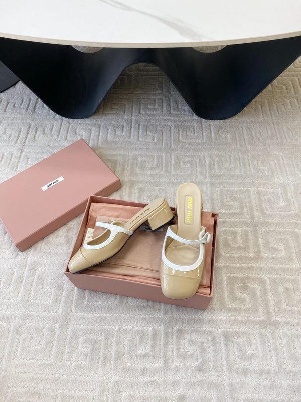 Miu Mary Jane Mule Pumps In Beige Glossy Sheepskin