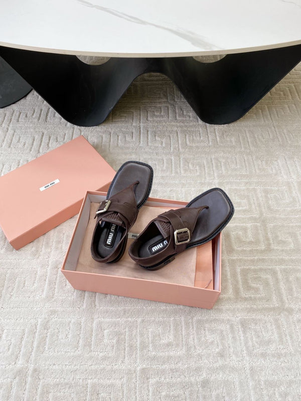 Miu Thong Sandals In Espresso Brown Lambskin With Silver Buckle