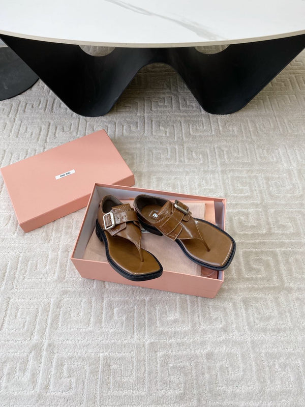 Miu Thong Sandals In Russet Brown Shiny Lambskin With Silver Buckle