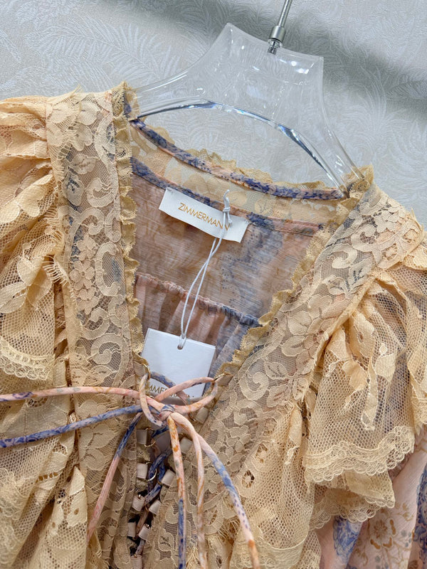 Zimmermann Rebellion Lace-Up Mini Dress Tan Floral Cotton 335960