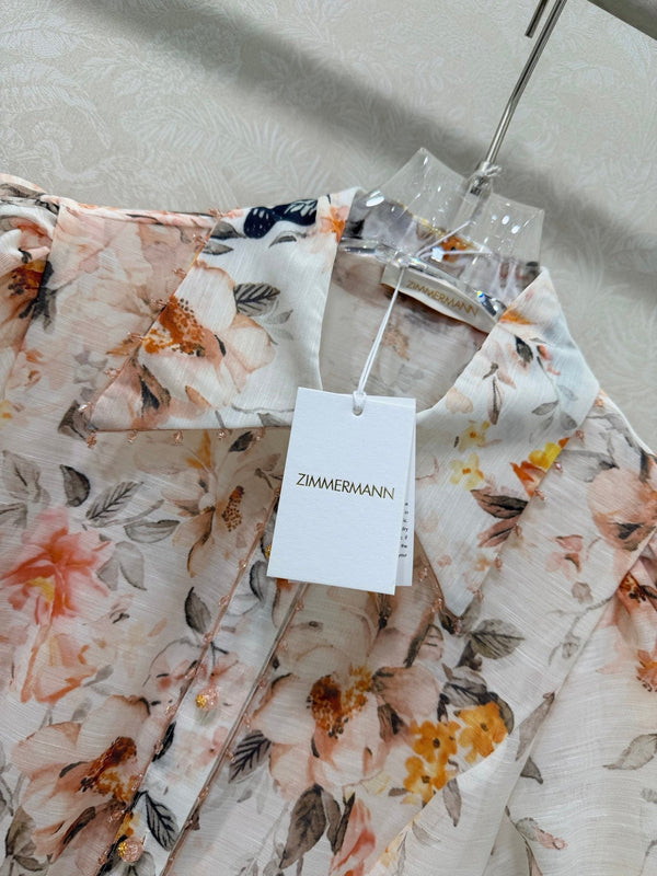 Zimmermann Floral Puff Sleeve Mini Dress Cream Floral Print Cotton 347338