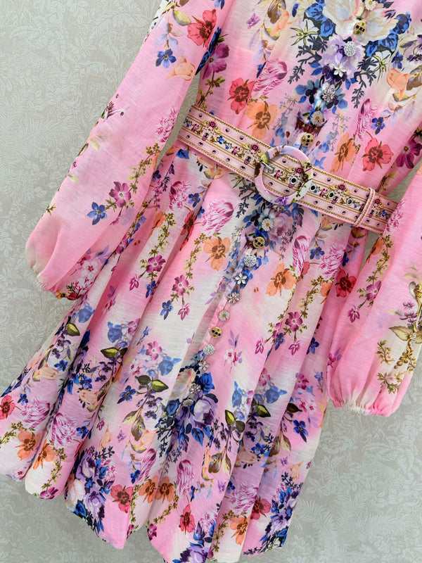 Zimmermann Button Front Frill Dress Palatial Pastels Cotton 347336