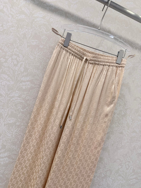 Fendi 26s Wide-Leg Trousers Jacquard Pattern Beige Rayon Cotton