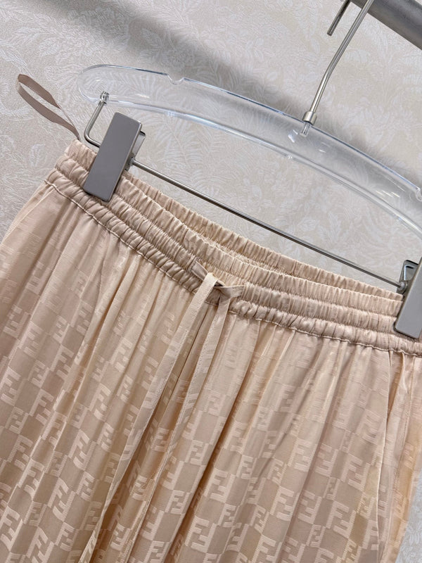 Fendi 26s Wide-Leg Trousers Jacquard Pattern Beige Rayon Cotton