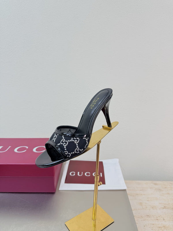Gucci 2026 Erin GG Embellished Leather-trimmed Mules Black Mesh Leather