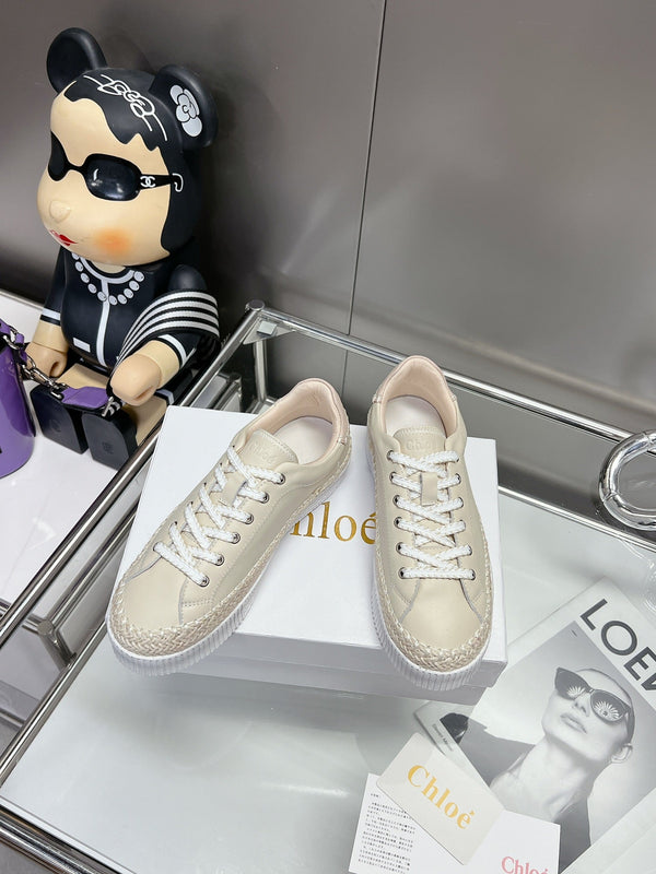 CHLOÉ TELMA LACE-UP SNEAKER IN CREAM BEIGE LAMBSKIN AND RAFFIA