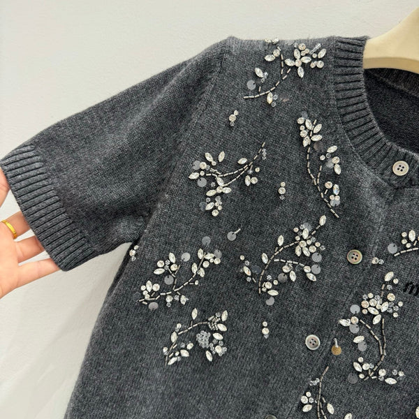 Miu Embroidered Cashmere Short Sleeve Cardigan 229364