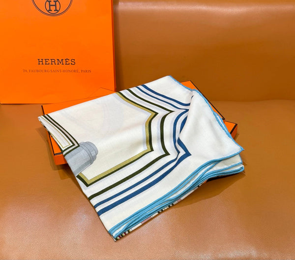 HM Les Roues de Phaeton Scarf 140x140cm Blue White Silk Cashmere 269476