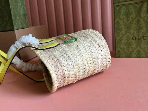 SMALL TOTE BAG 20 WITH LOGO IN NATURAL-COLORED STRAW AND YELLOW CALFSKIN HANDLE