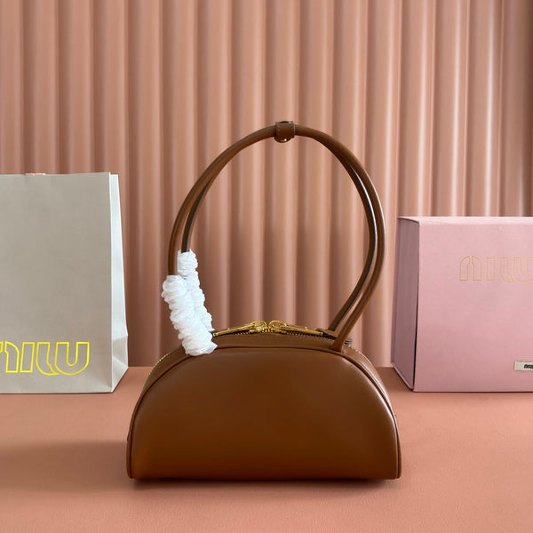 Miu Beau Semi-Circular Small Bowling Bag Tan Brown Leather