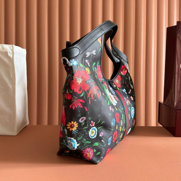 GG 26 Giglio Flora Large Tote Bag 60cm Black Canvas 292578