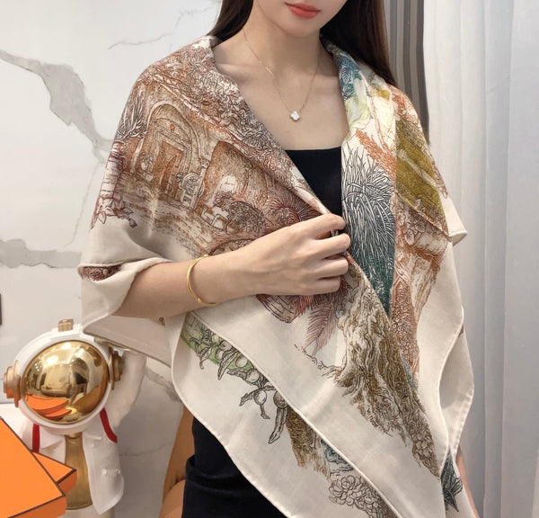 Scarf 140 CM Brown Colorful Cashmere And Silk 394551