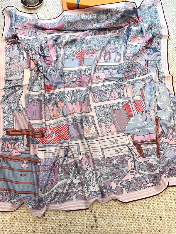 LV Monogram Scarf 135cm Purple Blue Silk Cashmere 967278