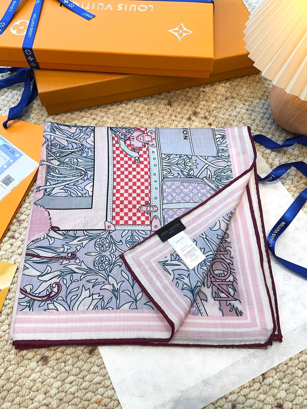LV Monogram Scarf 135cm Purple Blue Silk Cashmere 967278