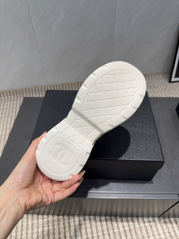 Chanel 25 Sneaker White Brown Silver Mesh Leather 540314
