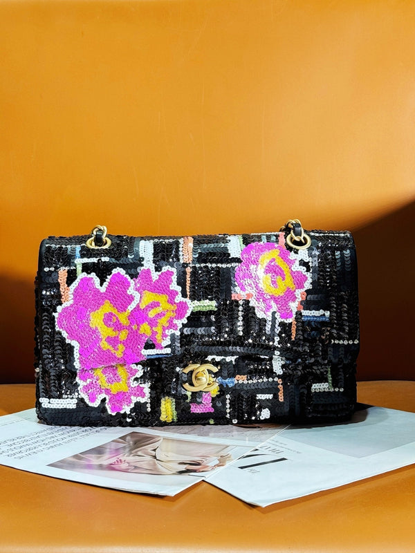 24S Flap Bag 25.5cm Black White Purple Sequin