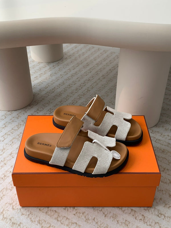 chypre sandal white canvas brown calfskin