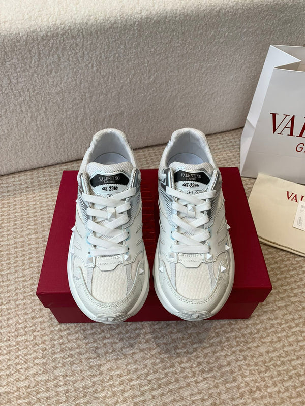 Valentino Sneaker 50mm In White Mix Grey Blue Mesh Fabric And Cowhide 814274