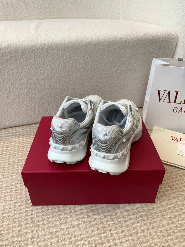 Valentino Sneaker 50mm In White Mix Grey Blue Mesh Fabric And Cowhide 814274