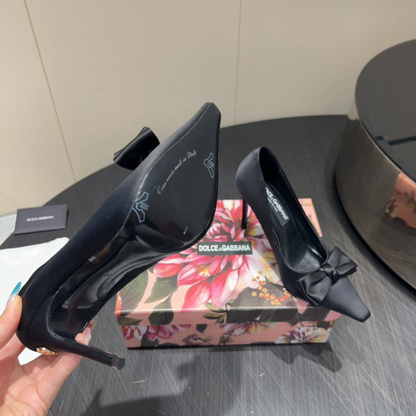DC 25 Toe Bow High Heel Shoes 100mm Black Silk And Sheepskin 381609