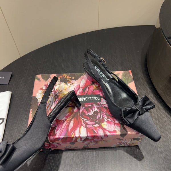 DC 25 Bow Slingback Pumps Black Silk And Sheepskin 381616