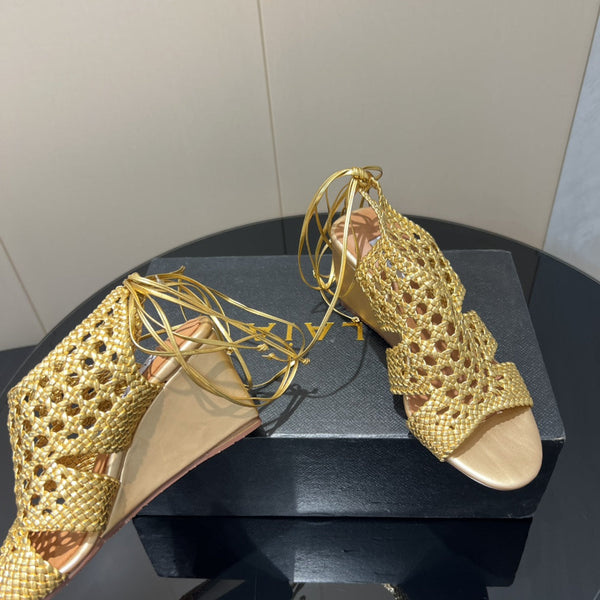 Alaia 25 Round-toe Braided Wedge Sandals 75mm Gold Metallic Woven Leather433569