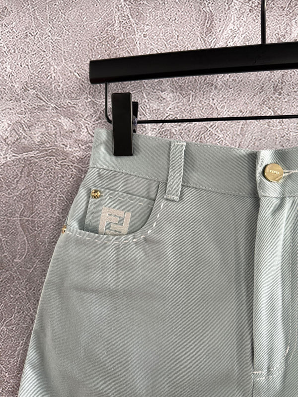 Fendi Hand-made Needle-picking Shorts Blue Green Cotton