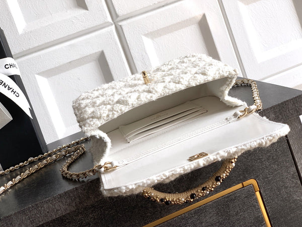 CC Mini Flap Bag 17.5 With Handle White Tweed