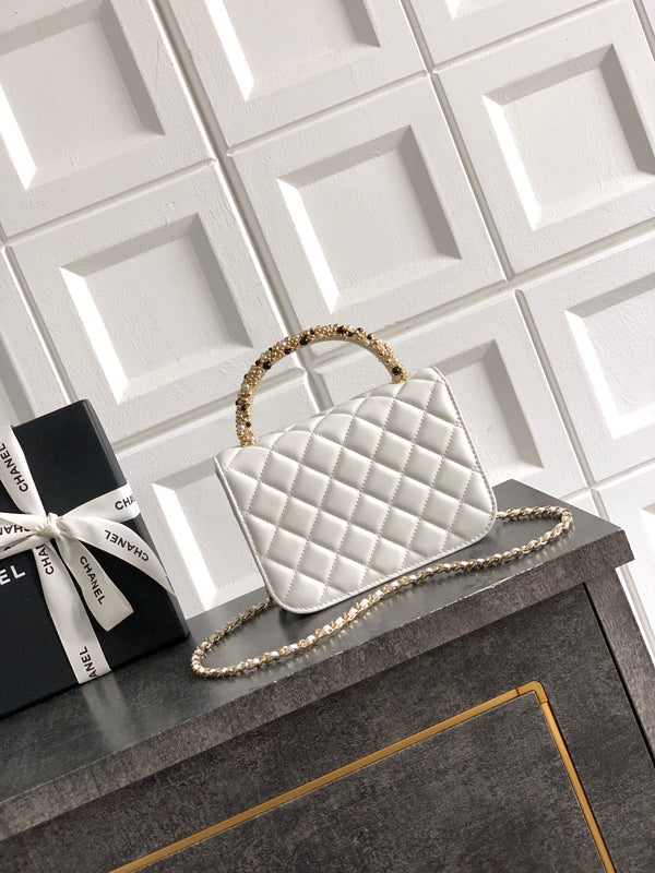 CC Mini Flap Bag 17.5 With Handle White Lambskin