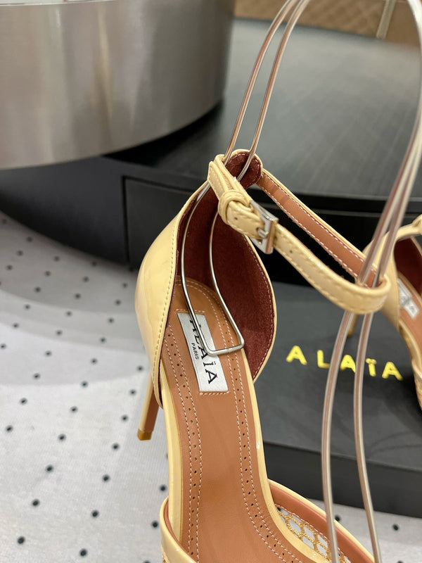 Alaila High Fishnet Pumps 90mm In Light Yellow Mesh Fabric 954852