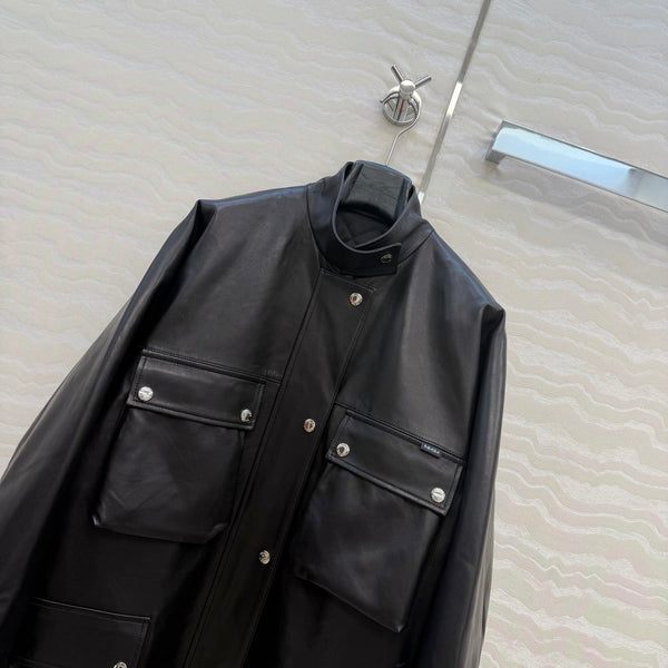 Prada 26S Biker Jacket Long Black Leather Lambskin 341245