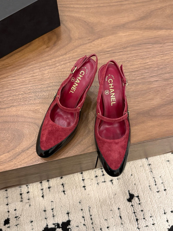 CC 26FW Slingback 7.5cm Red Black Suede Patent Leather 676119