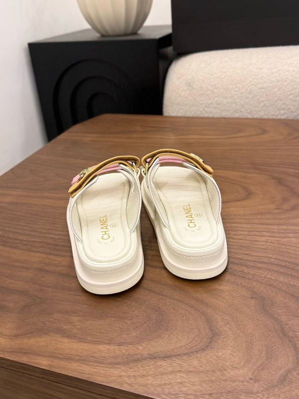 CC Dad Mules White Pink Brown Calfskin 850577