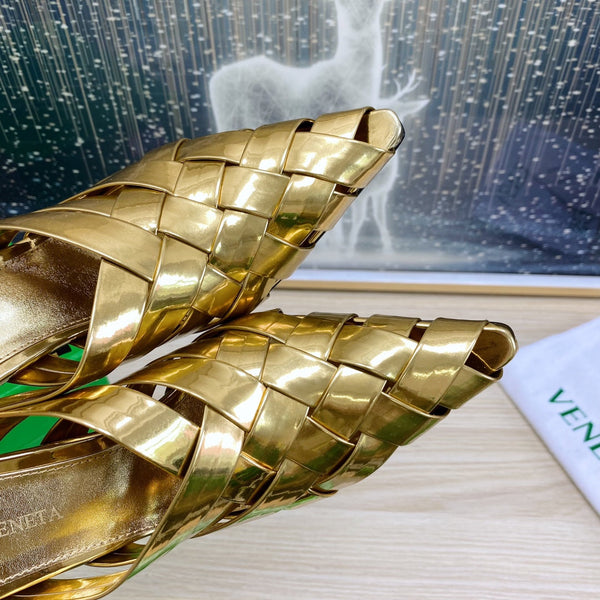 BV Alfie Leather High Mules Gold Woven Calfskin